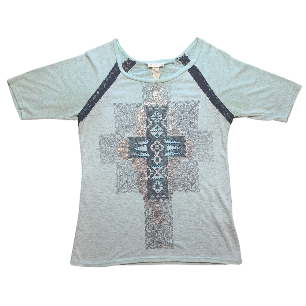 Angels & Diamonds Cross Graphic Top Large Lace Rhinestone Boho USA